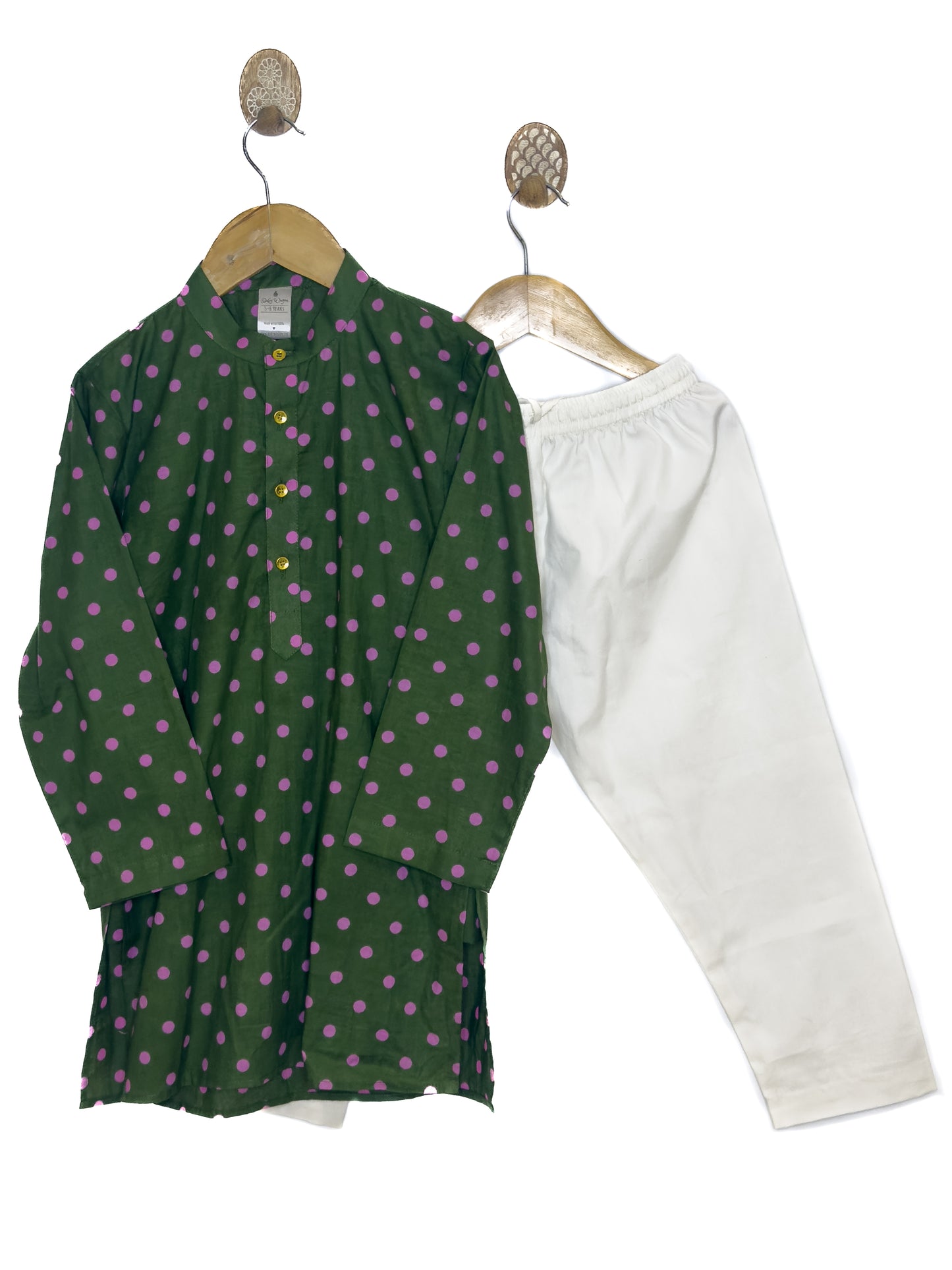 Green Pink Polka Dot Cotton Kurta Set with White Pyjama
