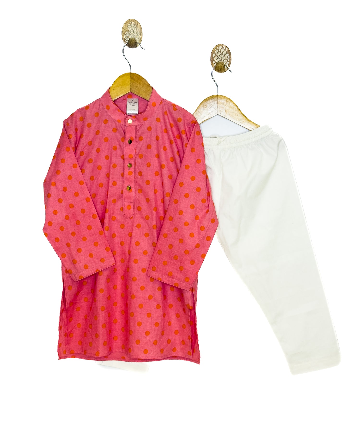 Peach Orange Polka Dot Cotton Kurta Set with White Pyjama
