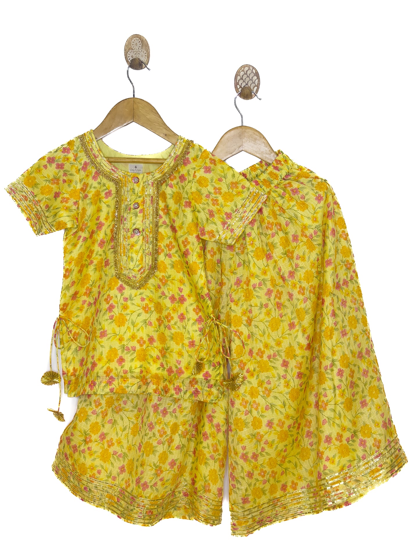 Yellow Floral Kota Doria Sharara Set with Dupatta
