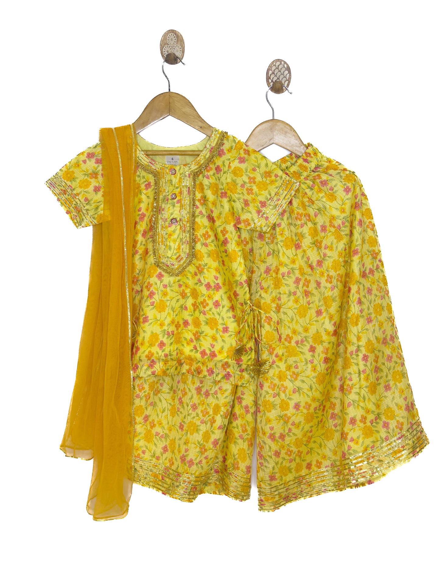 Yellow Floral Kota Doria Sharara Set with Dupatta