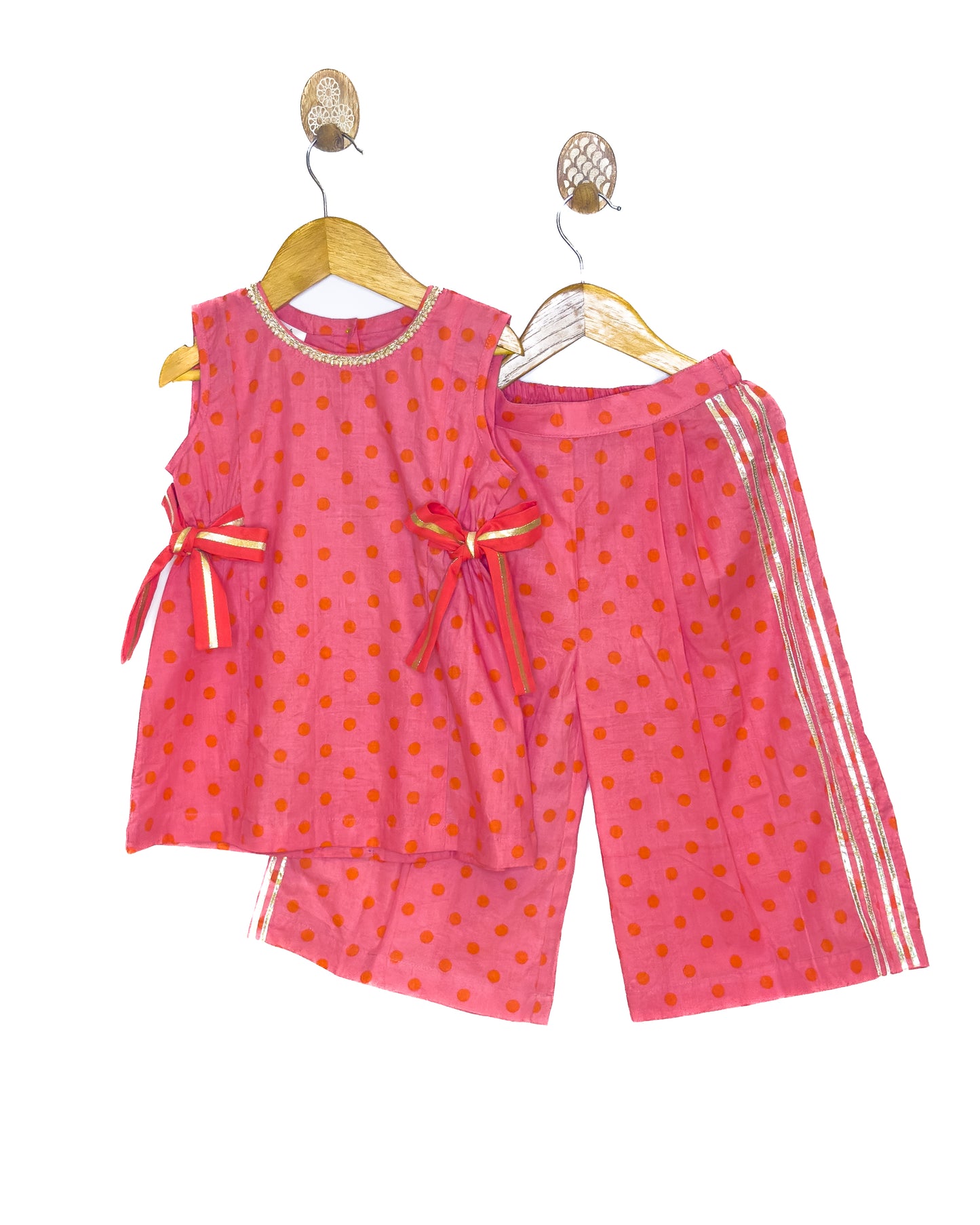 Peach Orange Polka Dot Cotton Kurti Palazzo Set