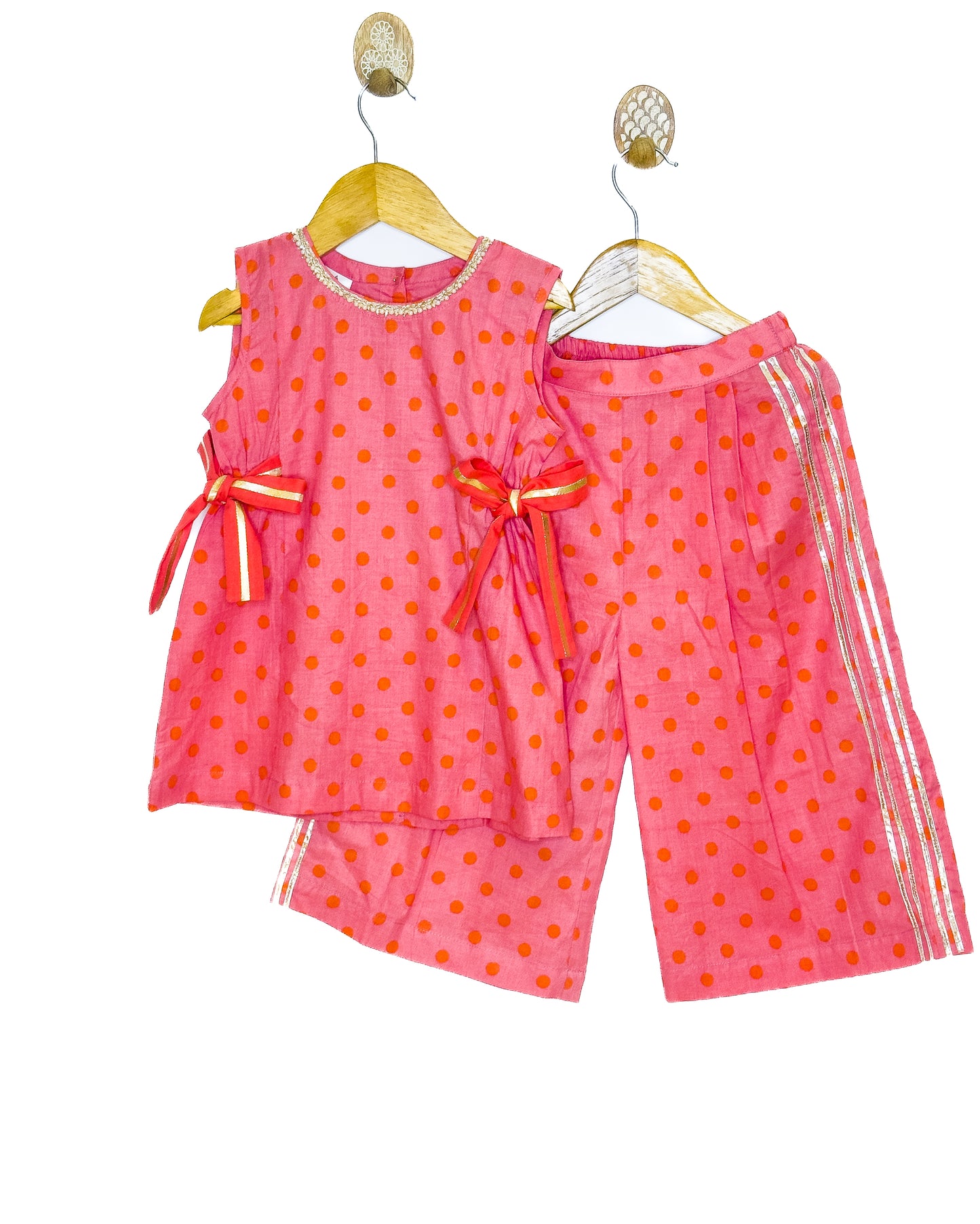 Peach Orange Polka Dot Cotton Kurti Palazzo Set