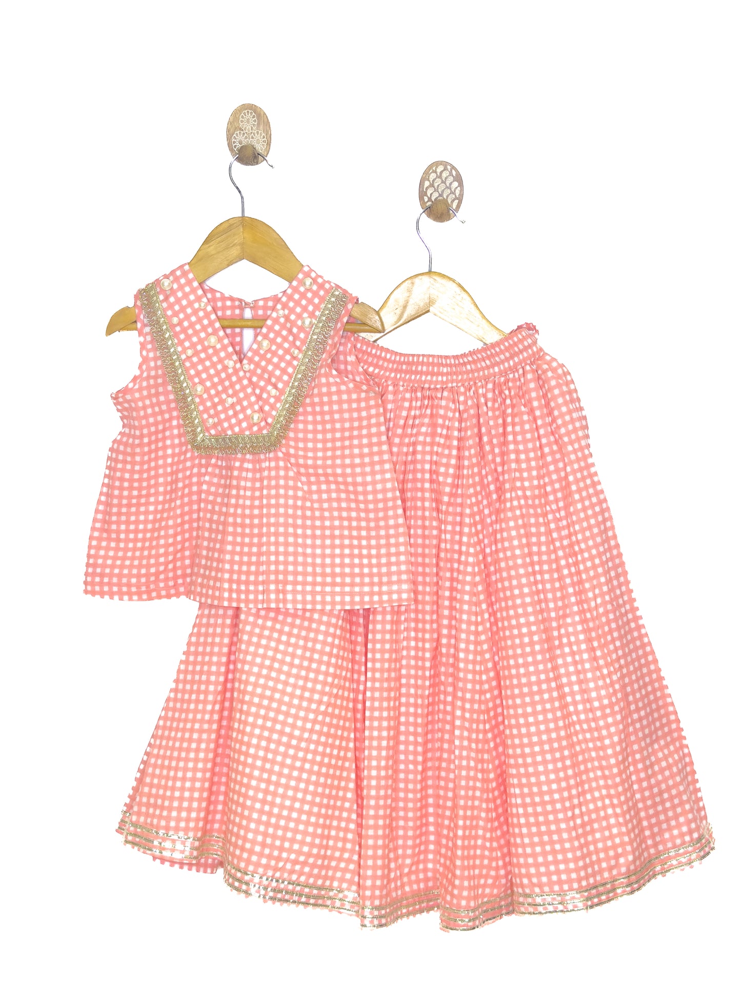 Peach Check Cotton Lehenga Set with Pearl Details