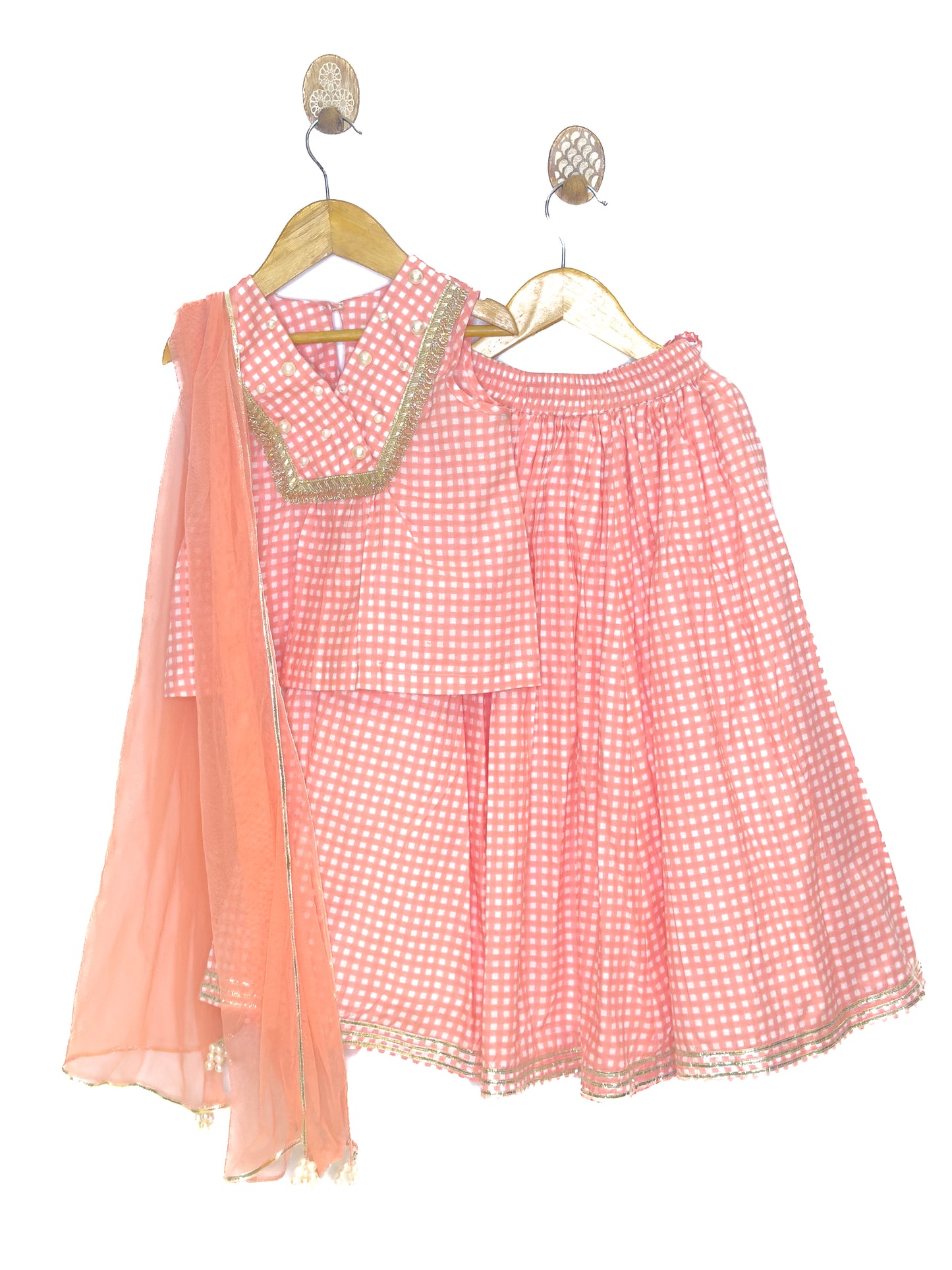 Peach Check Cotton Lehenga Set with Pearl Details