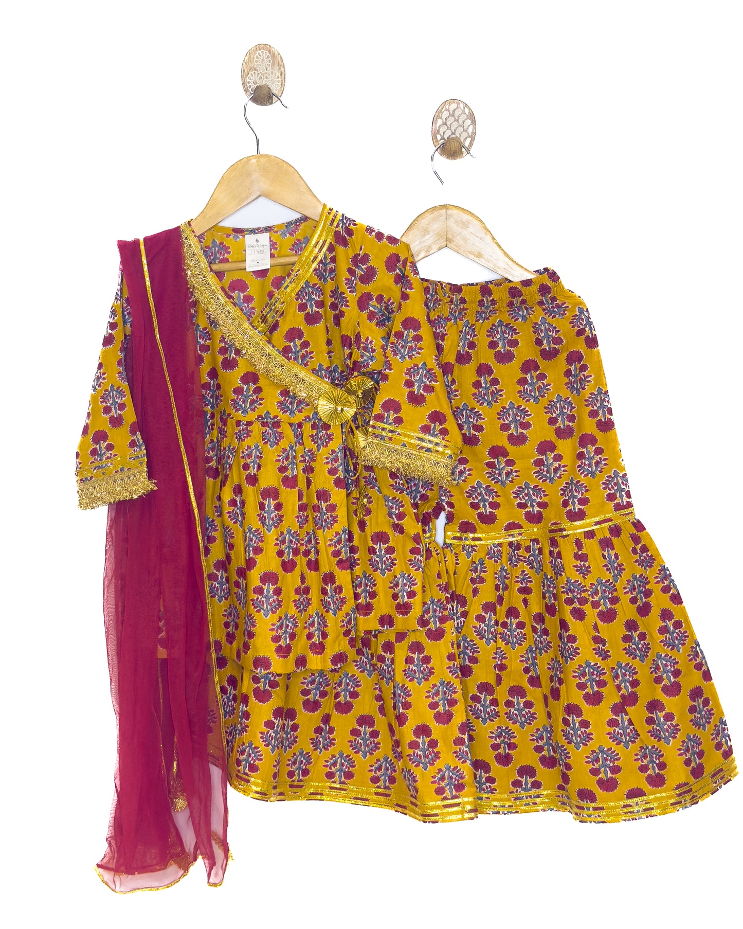 Mustard Red Floral Cotton Gharara Set with Dupatta