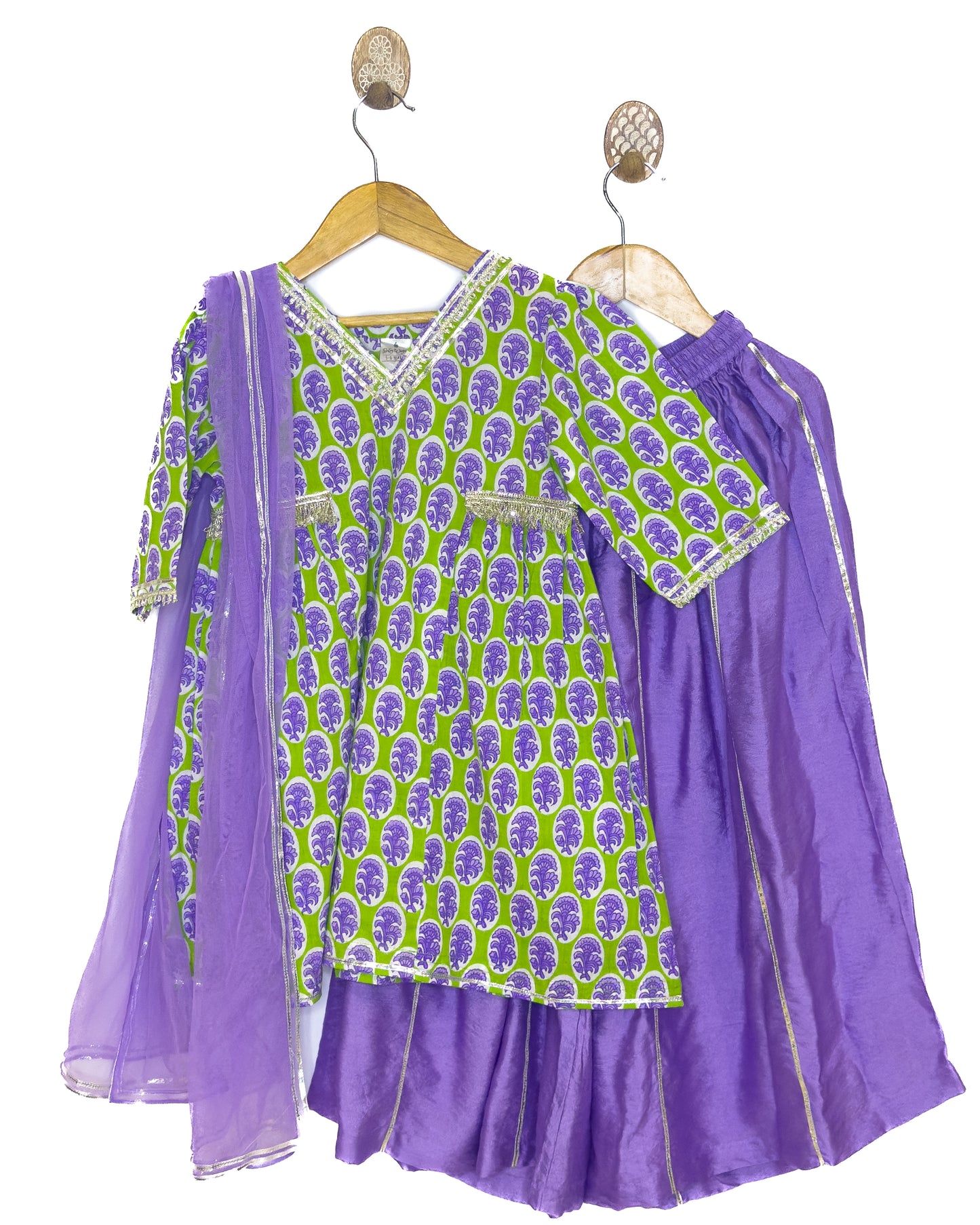Green Purple Printed Cotton Sharara Set with Dupatta