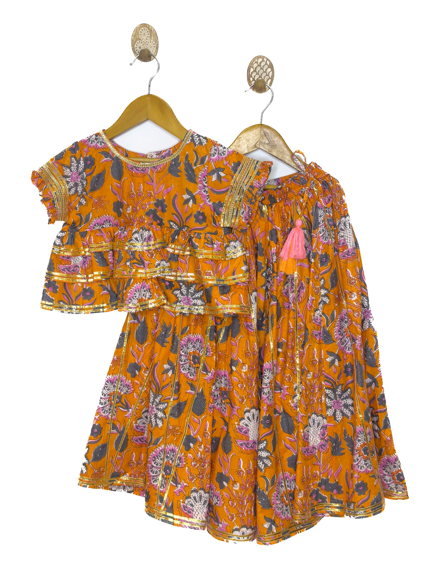 Orange Pink Floral Cotton Lehenga Set with Dupatta