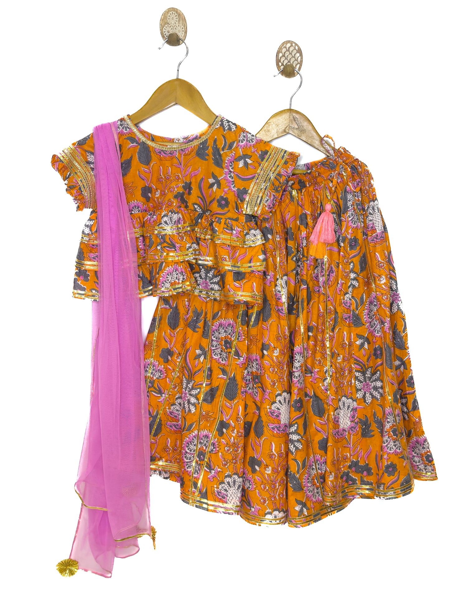 Orange Pink Floral Cotton Lehenga Set with Dupatta