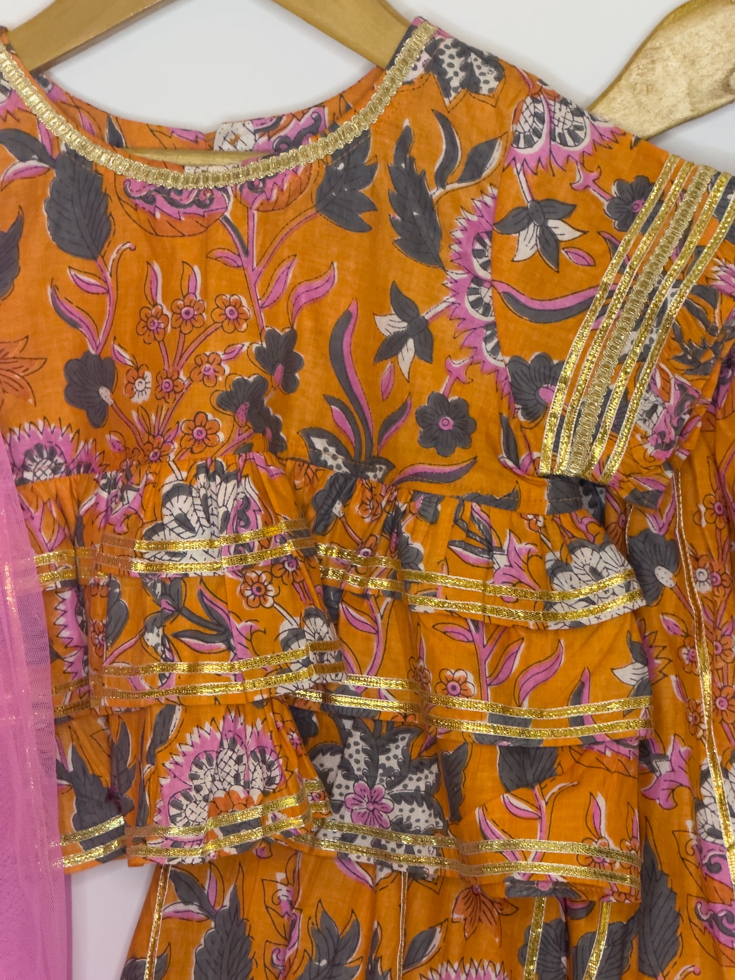 Orange Pink Floral Cotton Lehenga Set with Dupatta