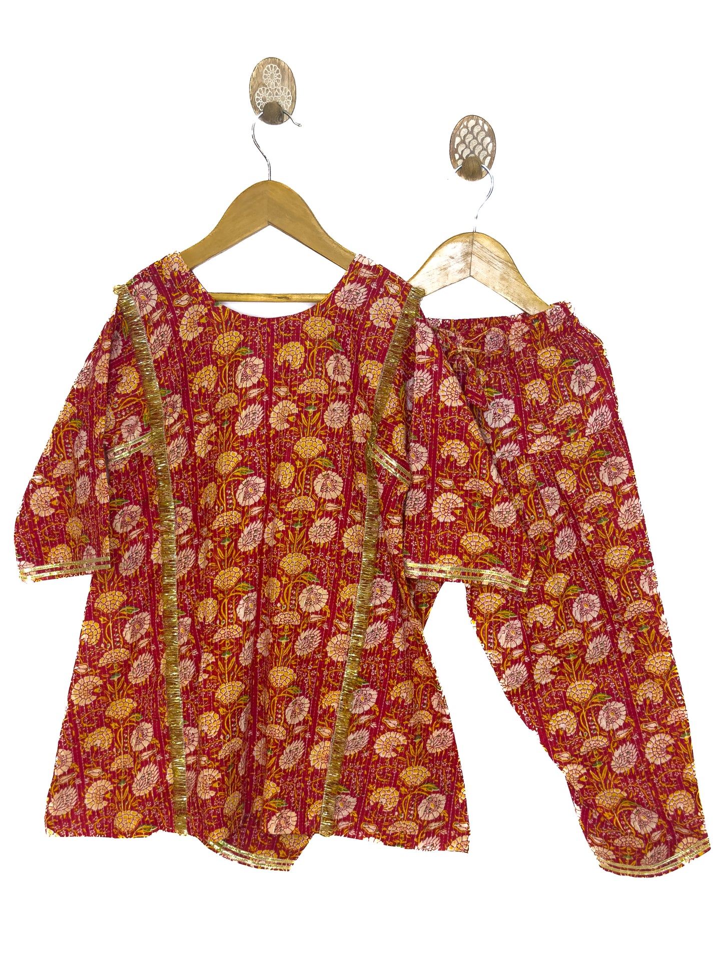 Red Floral Cotton Choga Salwar Set with Kantha Details