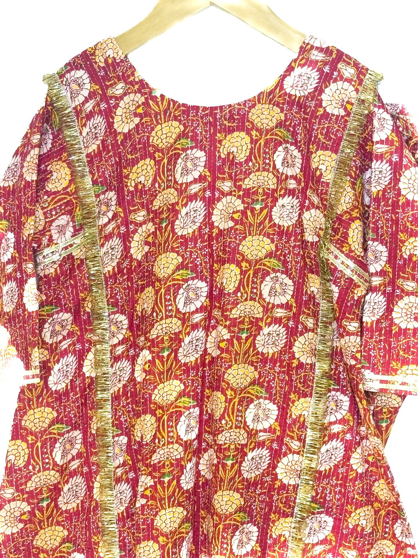 Red Floral Cotton Choga Salwar Set with Kantha Details
