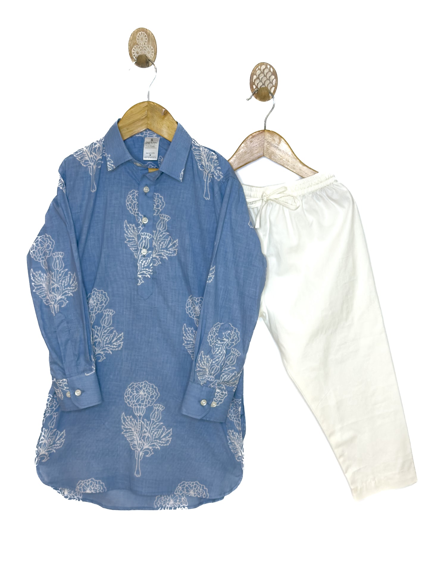 Powder Blue Floral Cotton Shirt-Kurta Set with White Pyjama