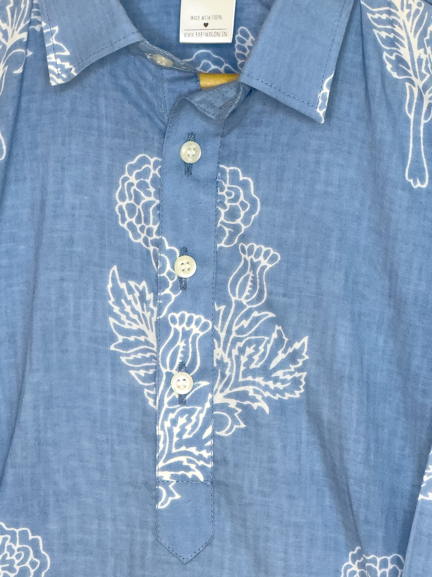 Powder Blue Floral Cotton Shirt-Kurta Set with White Pyjama