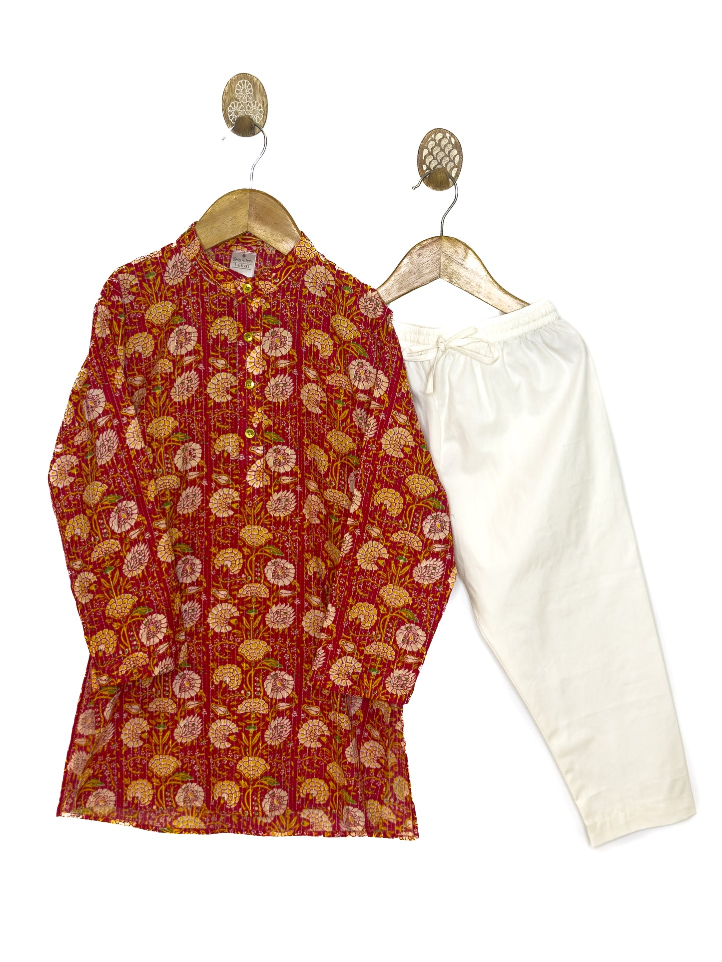Red Floral Kantha Cotton Kurta Set with White Pyjama