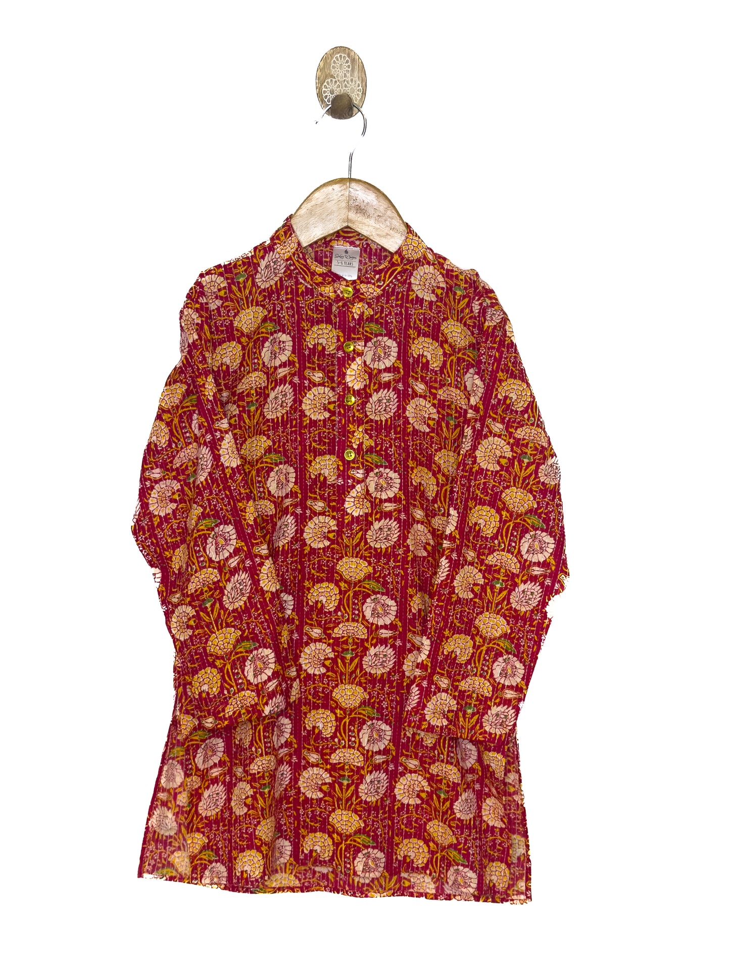 Red Floral Kantha Cotton Kurta Set with White Pyjama