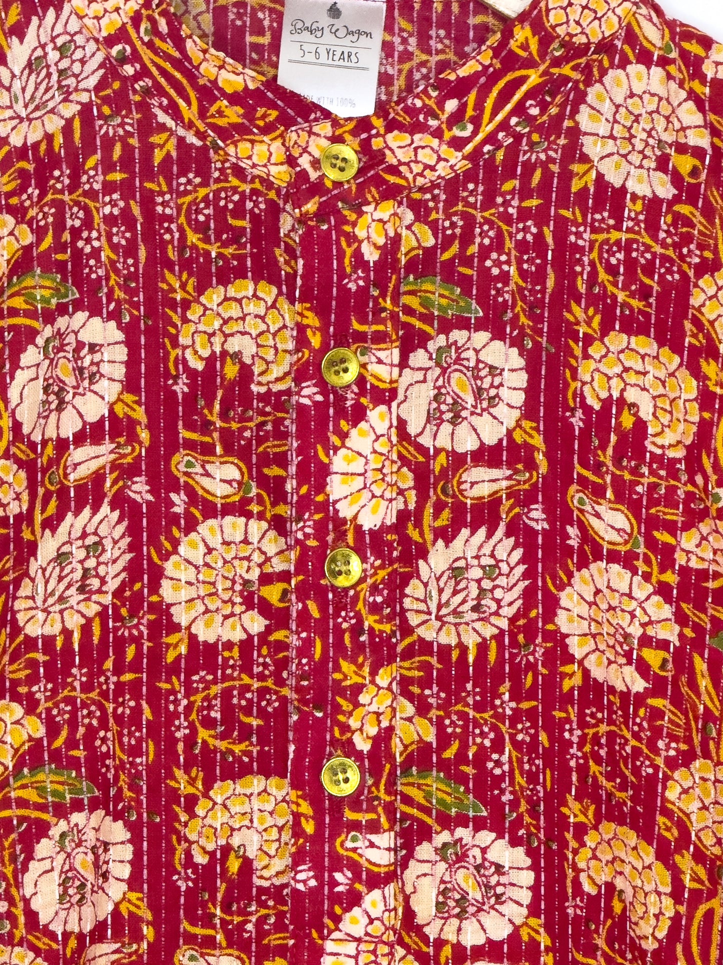 Red Floral Kantha Cotton Kurta Set with White Pyjama
