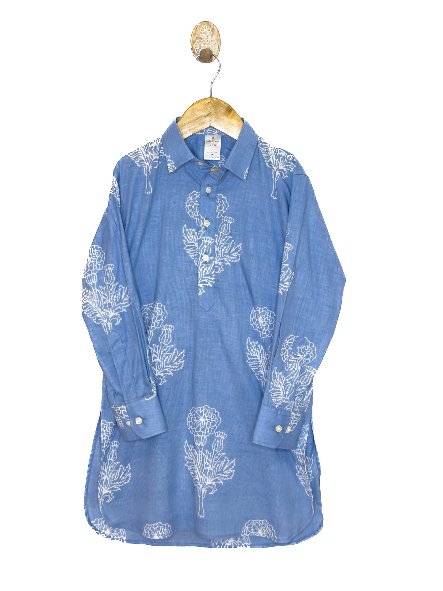 Powder Blue Floral Cotton Shirt-Kurta Set with White Pyjama