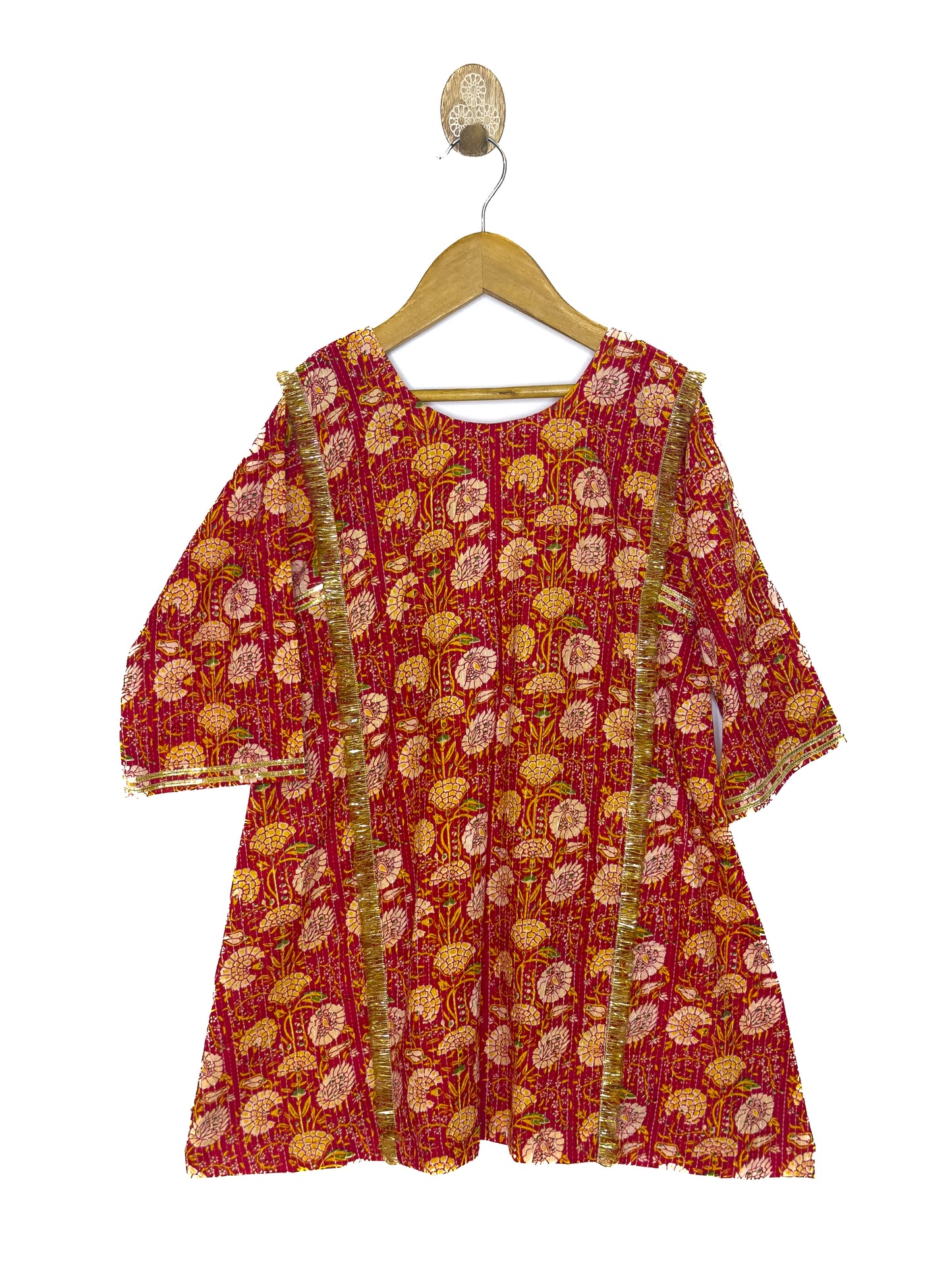 Red Floral Cotton Choga Salwar Set with Kantha Details