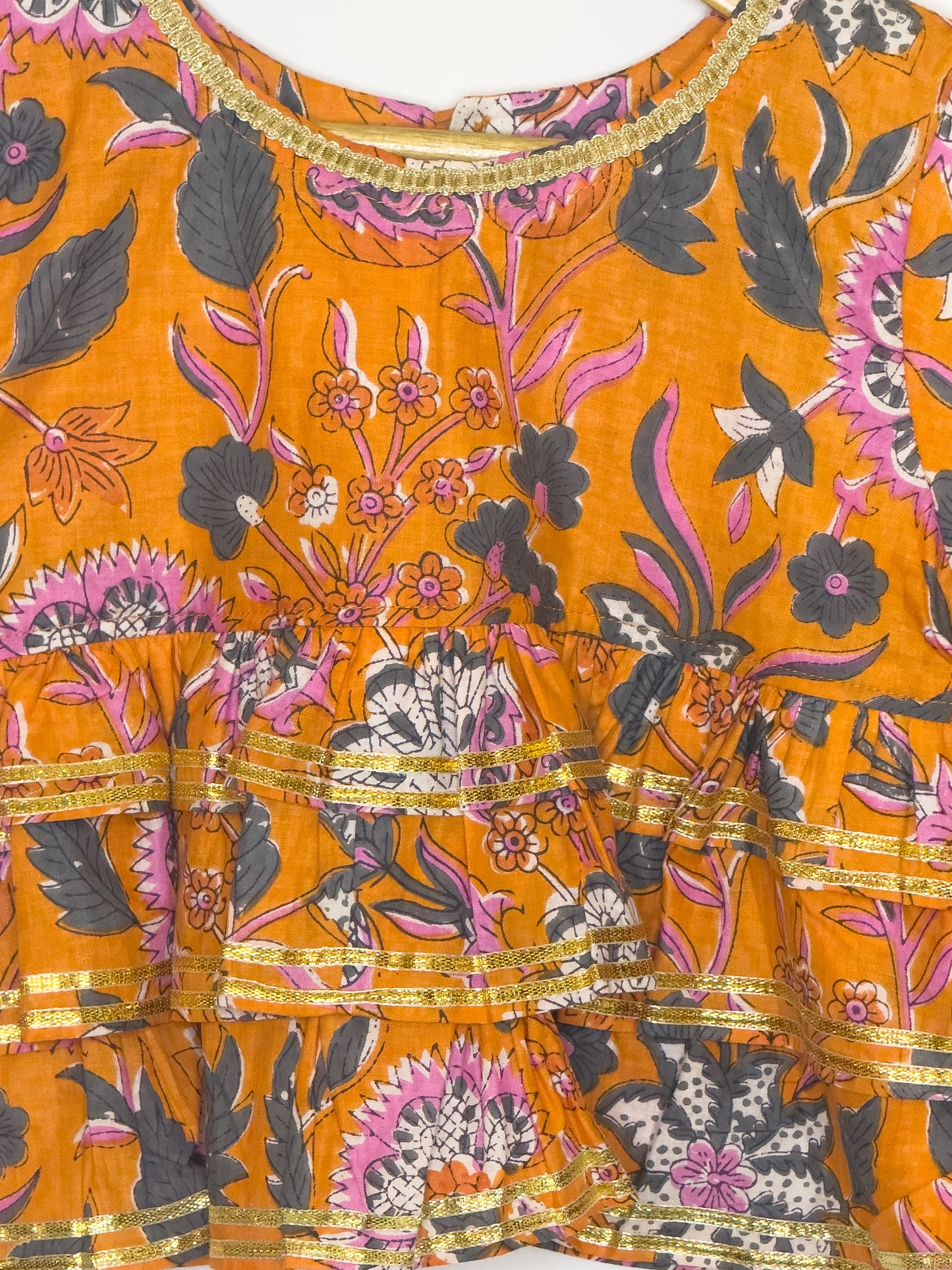 Orange Pink Floral Cotton Lehenga Set with Dupatta