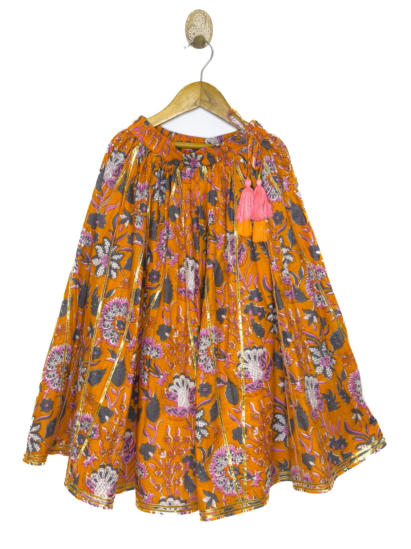 Orange Pink Floral Cotton Lehenga Set with Dupatta