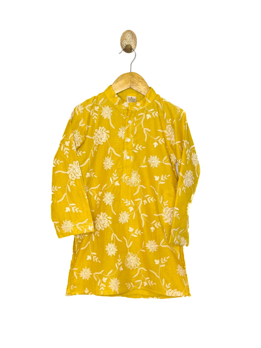 Mustard Embroidered Cotton Doriya Kurta Set