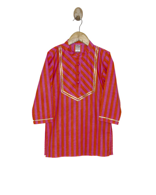 Pink and Orange Stripe Cotton Kurta Set