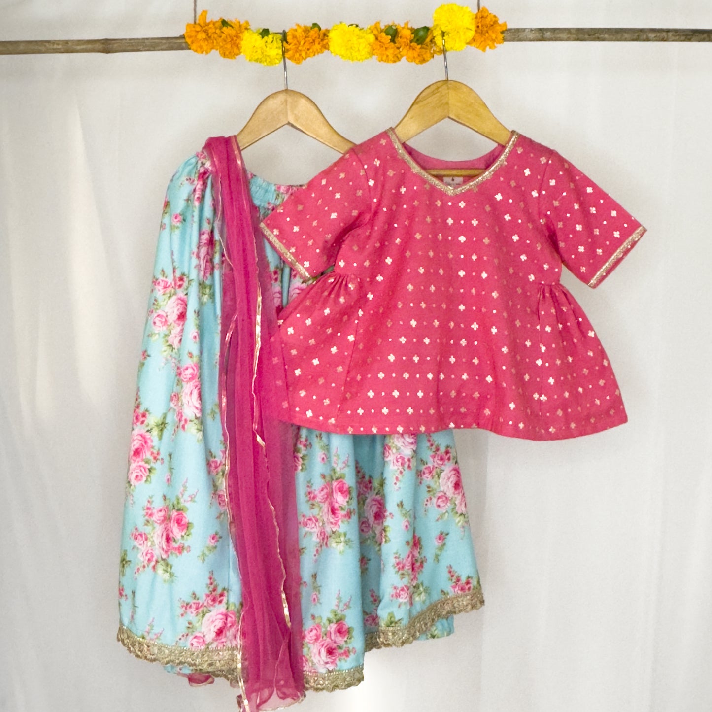 Sanjana- blue and pink floral lehenga set