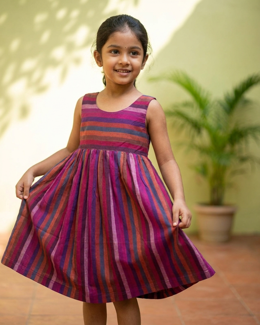 Berry Stripe Khadi Cotton Dress for Girls