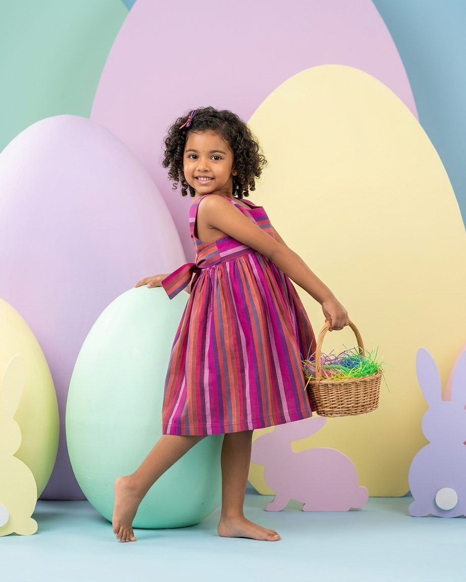 Berry Stripe Khadi Cotton Dress for Girls