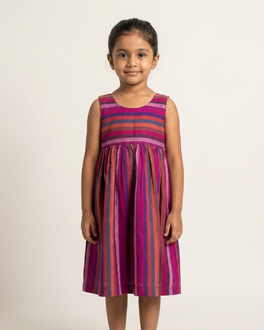Berry Stripe Khadi Cotton Dress for Girls