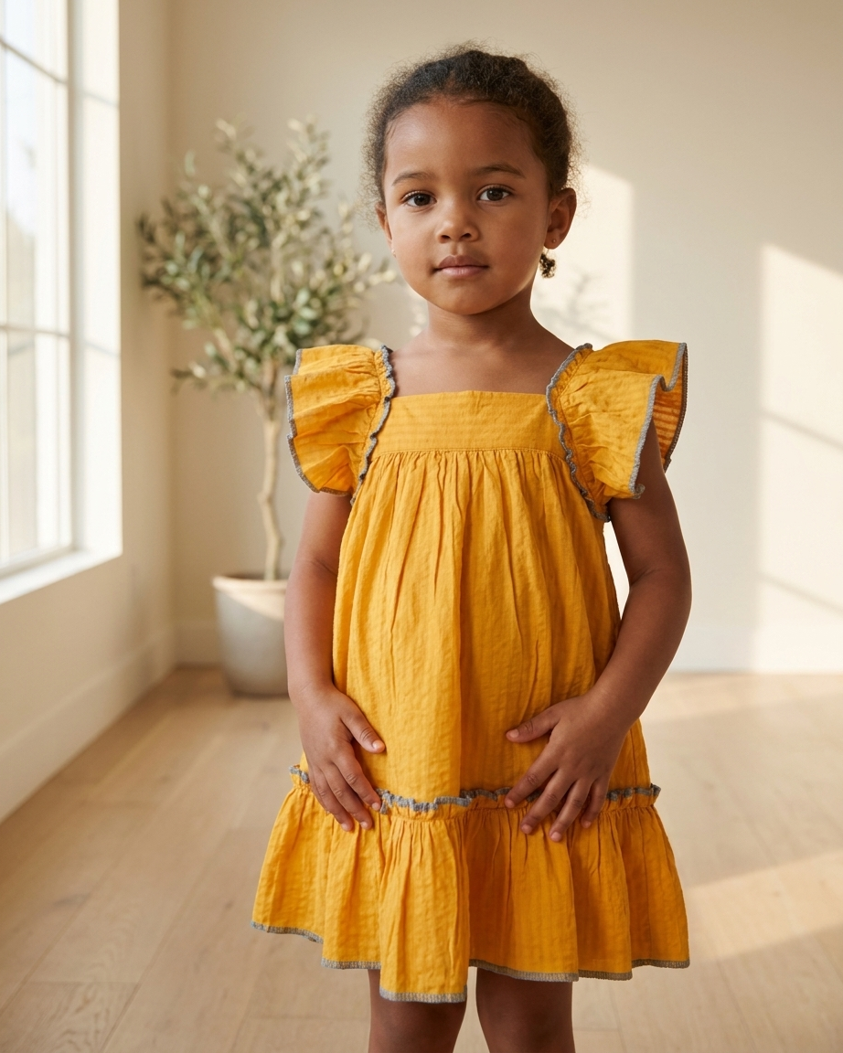 Orange Seersucker Dress with Blue Thread Details