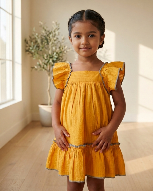 Orange Seersucker Dress with Blue Thread Details
