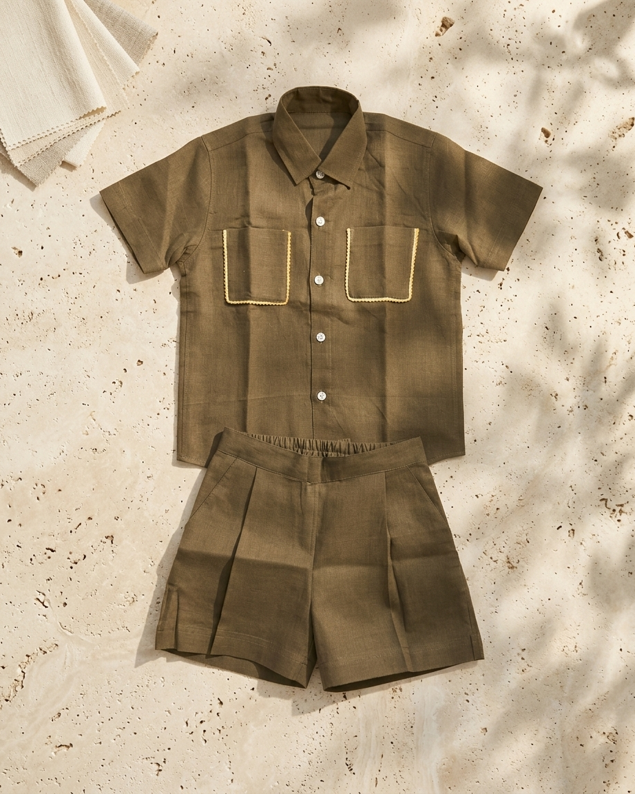 Olive Khadi Cotton Shirt & Shorts Set for Boys