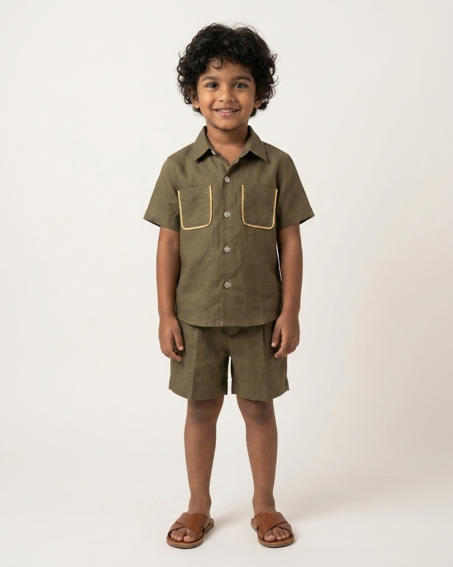 Olive Khadi Cotton Shirt & Shorts Set for Boys