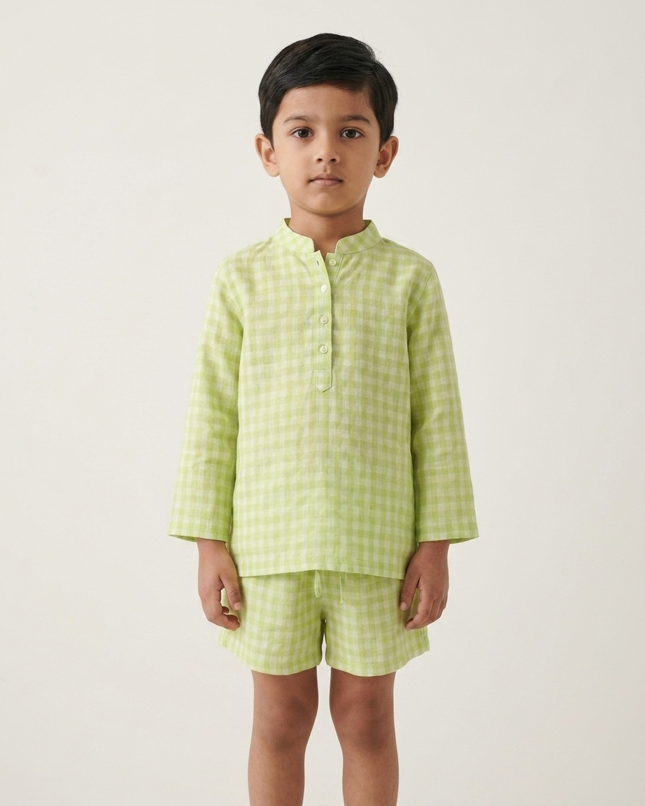 Lime Check Khadi Cotton Shirt & Shorts Set for Boys