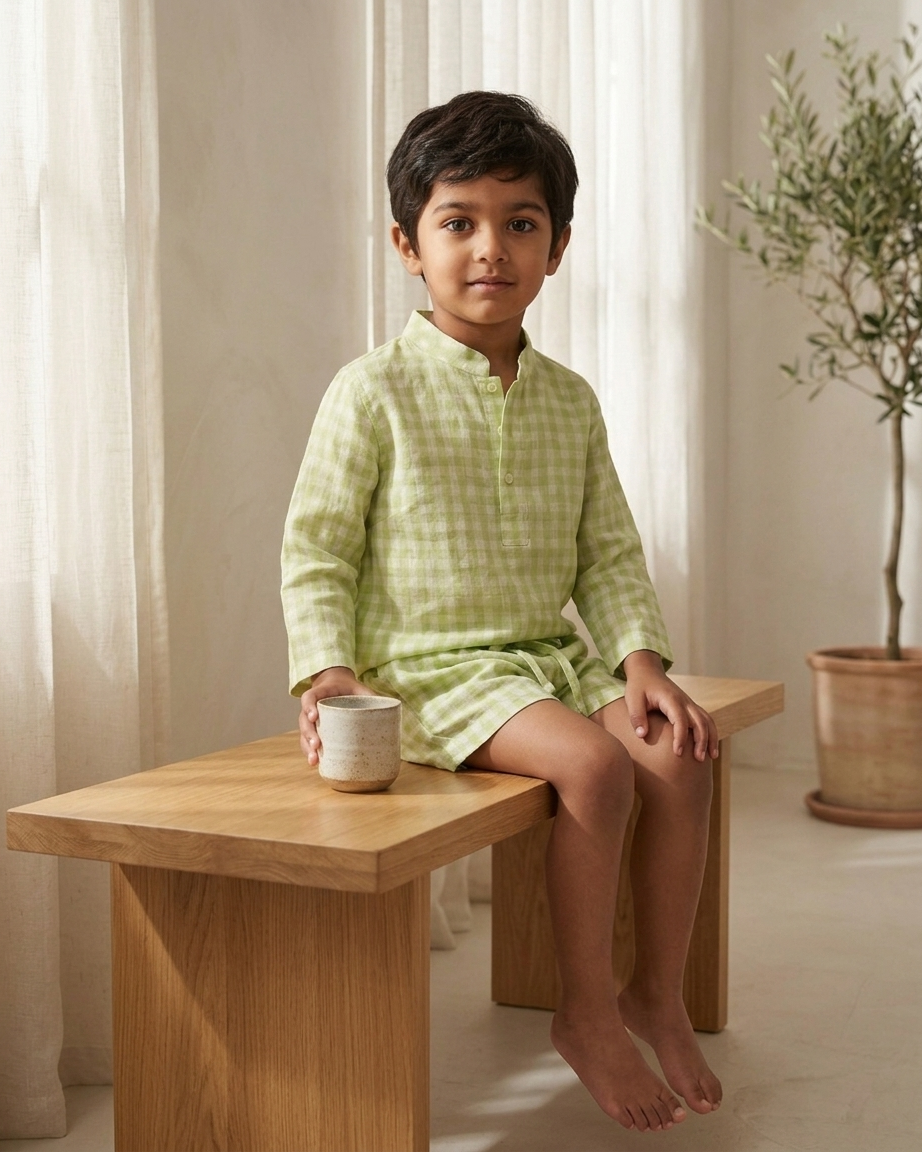 Lime Check Khadi Cotton Shirt & Shorts Set for Boys