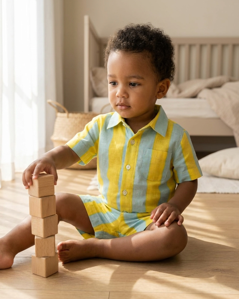 Sunshine Stripe Cotton Shirt & Shorts Set for Boys