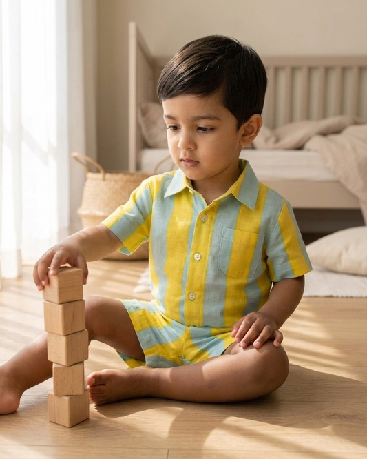 Sunshine Stripe Cotton Shirt & Shorts Set for Boys