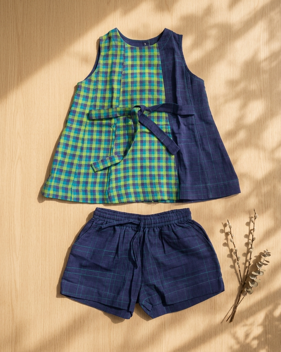 Blue Green Check Khadi Cotton Top & Shorts Set for Girls