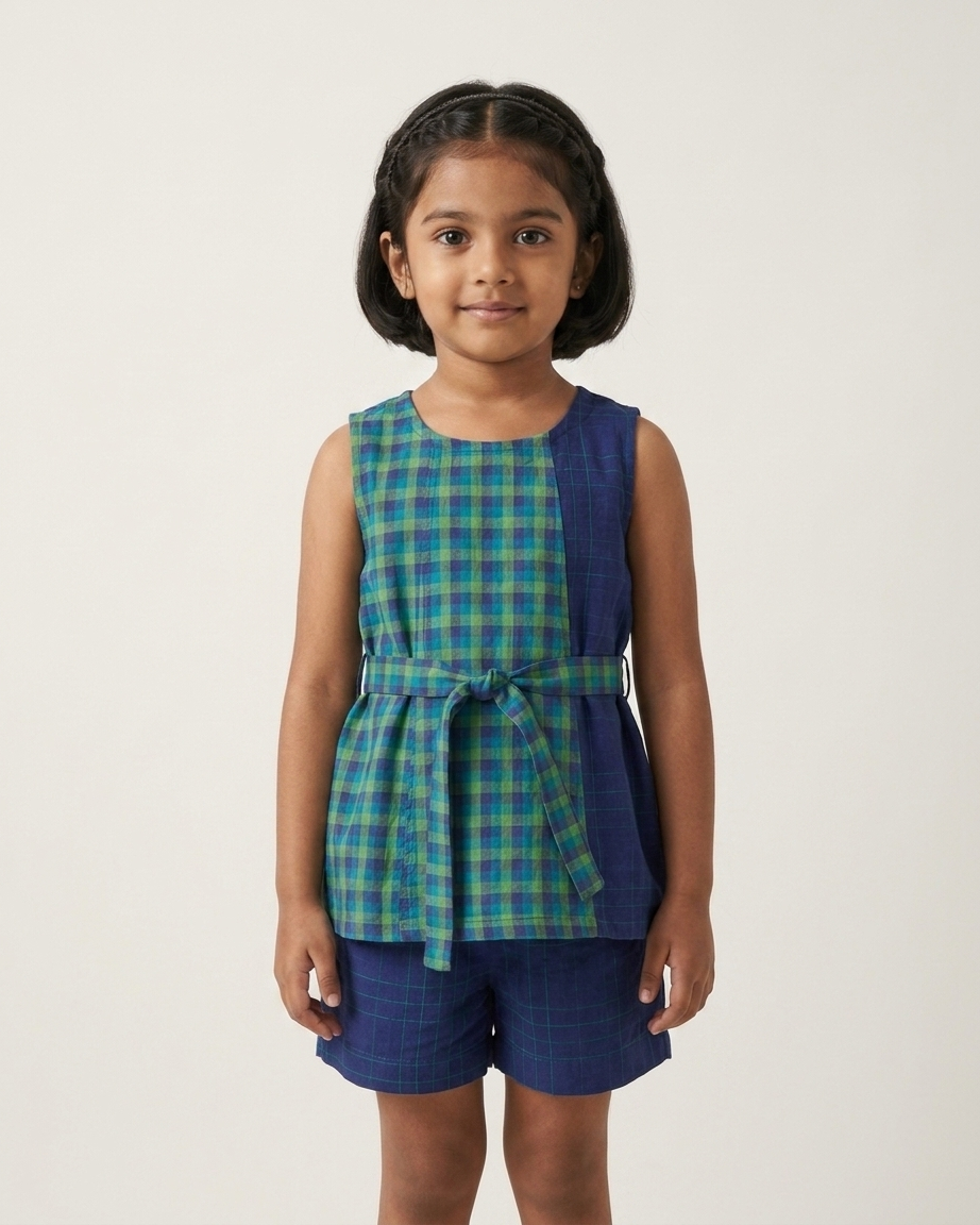 Blue Green Check Khadi Cotton Top & Shorts Set for Girls