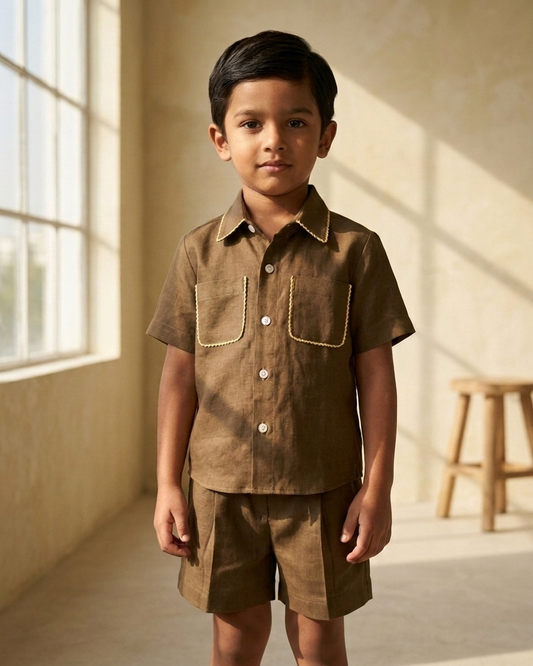 Olive Khadi Cotton Shirt & Shorts Set for Boys