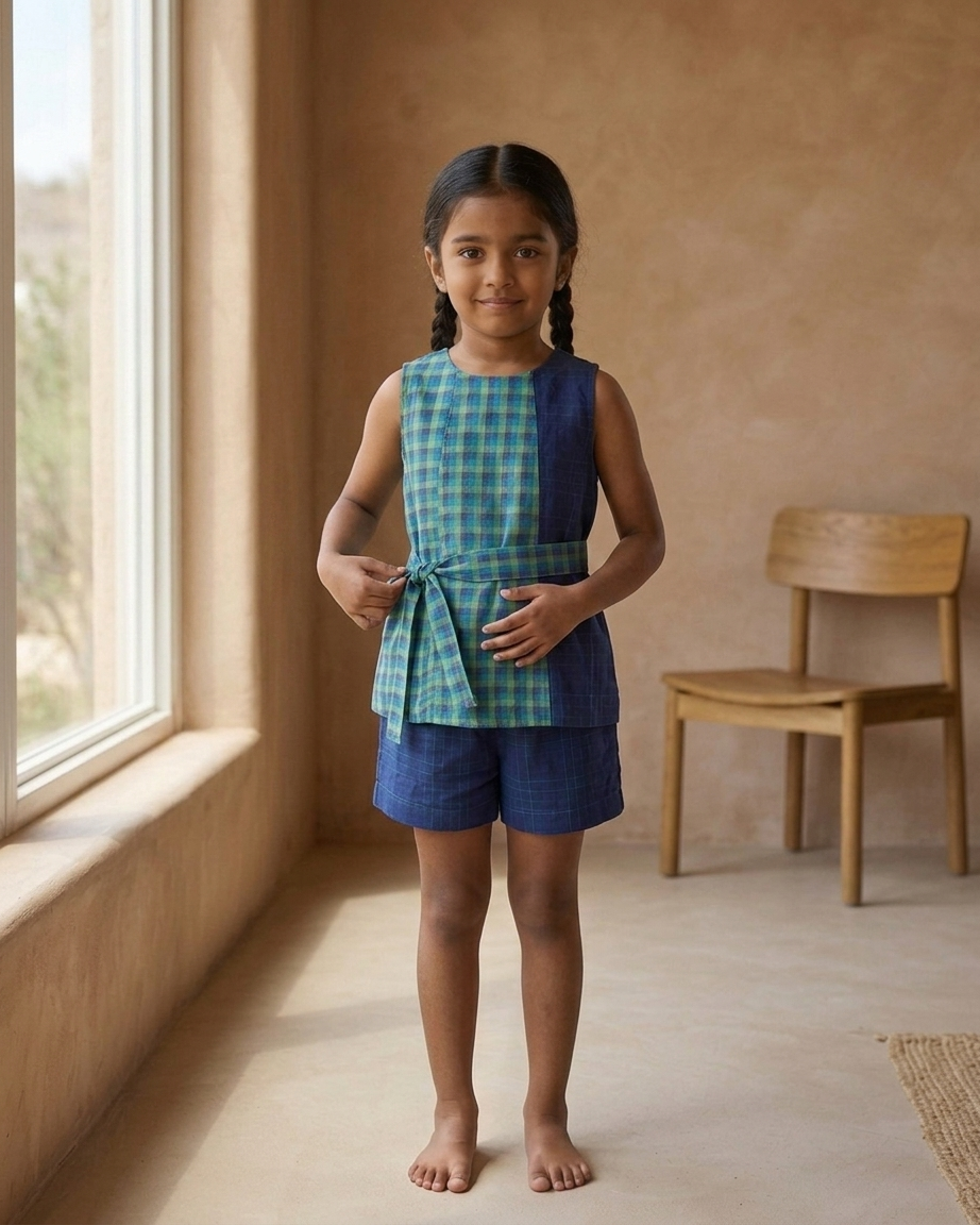Blue Green Check Khadi Cotton Top & Shorts Set for Girls