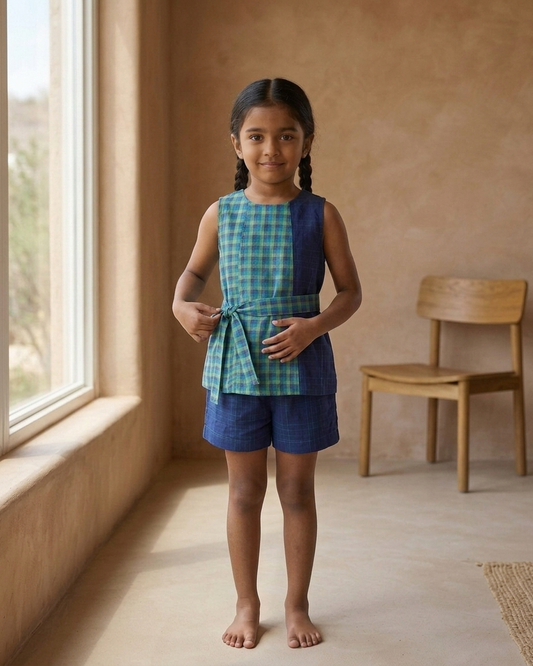 Blue Green Check Khadi Cotton Top & Shorts Set for Girls