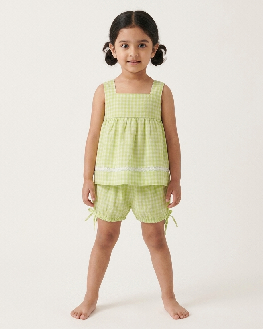 Lime Check Khadi Cotton Top & Bloomers Set for Girls