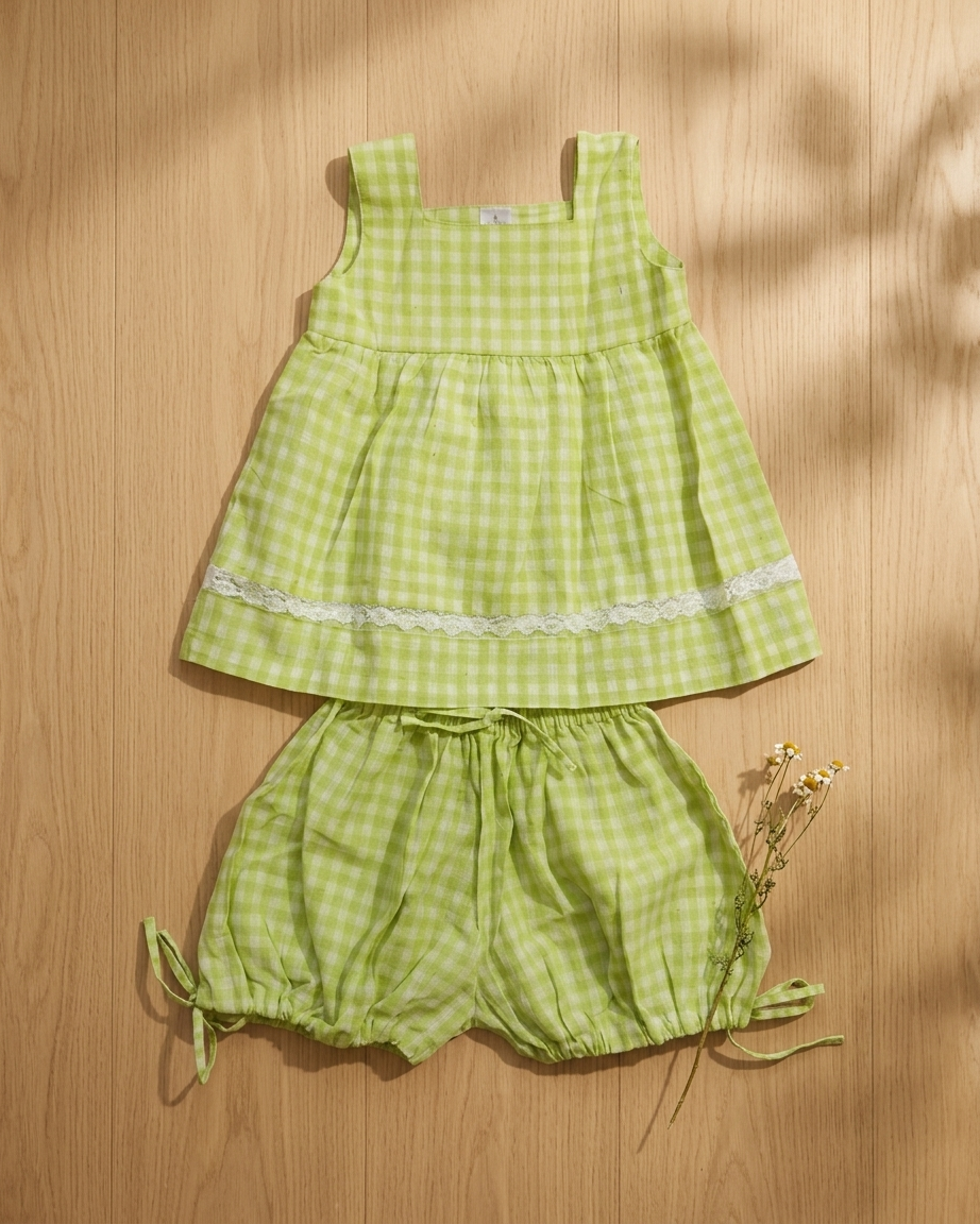 Lime Check Khadi Cotton Top & Bloomers Set for Girls