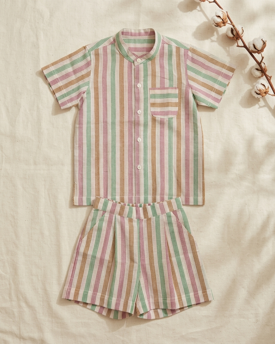 Pastel Stripe Khadi Cotton Shirt & Shorts Set for Boys