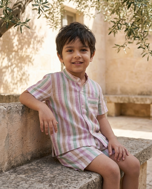 Pastel Stripe Khadi Cotton Shirt & Shorts Set for Boys