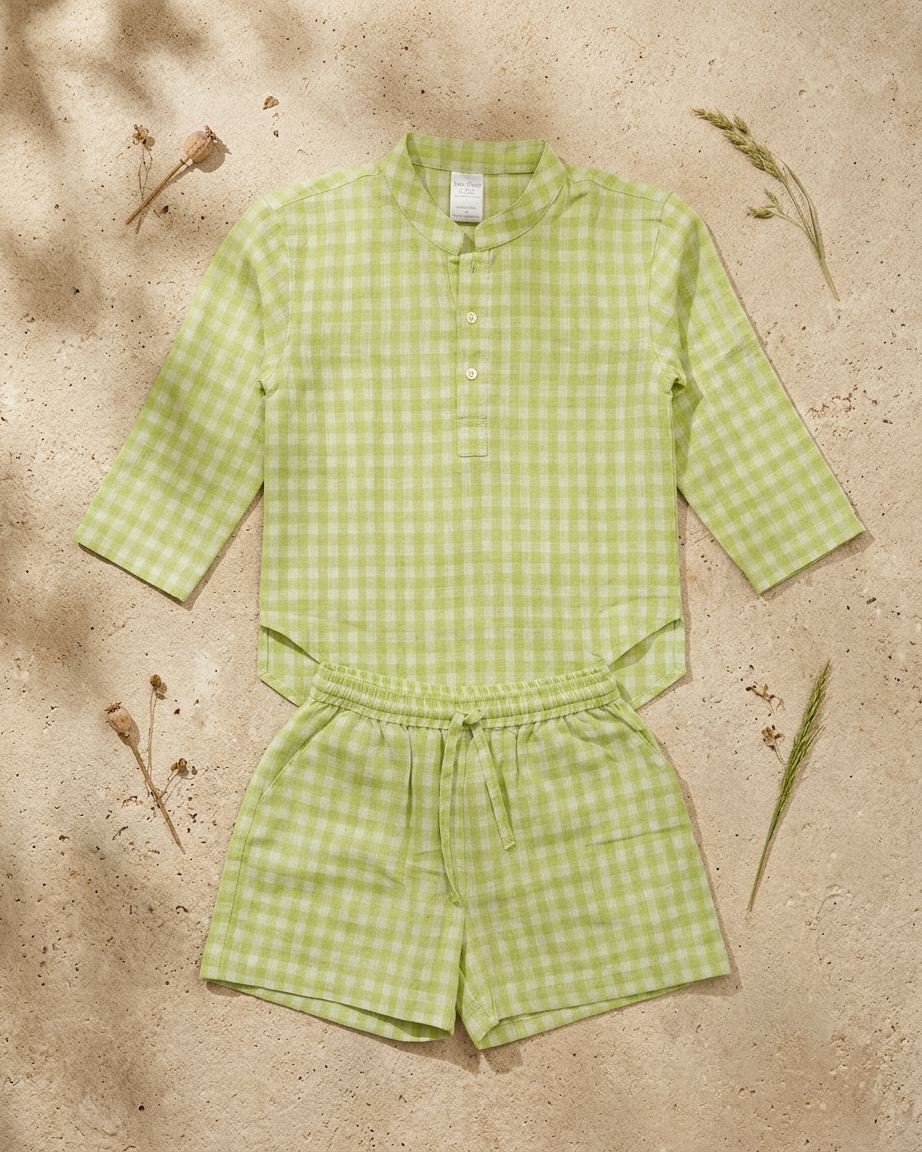 Lime Check Khadi Cotton Shirt & Shorts Set for Boys