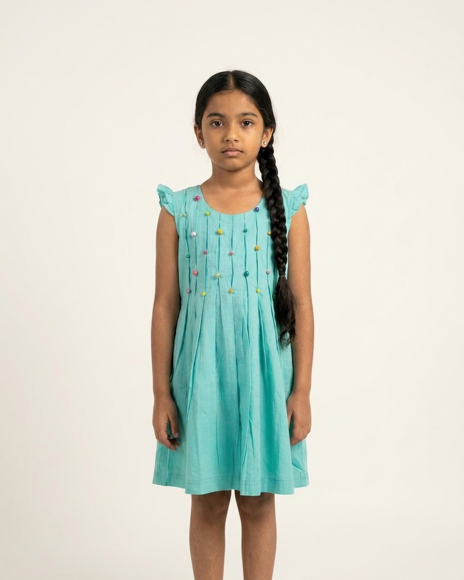 Turquoise Beaded Cotton Dress for Girls