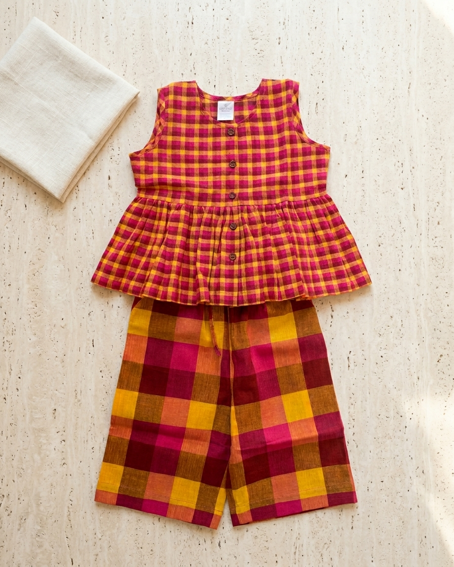 Pink Mustard Check Khadi Cotton Top & Culottes Set for Girls